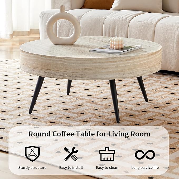 LKTART Coffee Table for Living Room, Round Wood Coffee Tables, Modern Metal Accent Center Tea Table for Apartment Small Space (31Inch-Mars Light)
