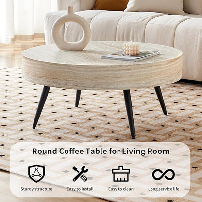 LKTART Coffee Table for Living Room, Round Wood Coffee Tables, Modern Metal Accent Center Tea Table for Apartment Small Space (31Inch-Mars Light)
