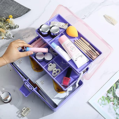 Kinsorcai 12'' Three-Layer Clear Plastic Storage Box/Tool Box, Multipurpose Organizer and Portable Handled Storage Case for Art Craft and Cosmetic (Purple)