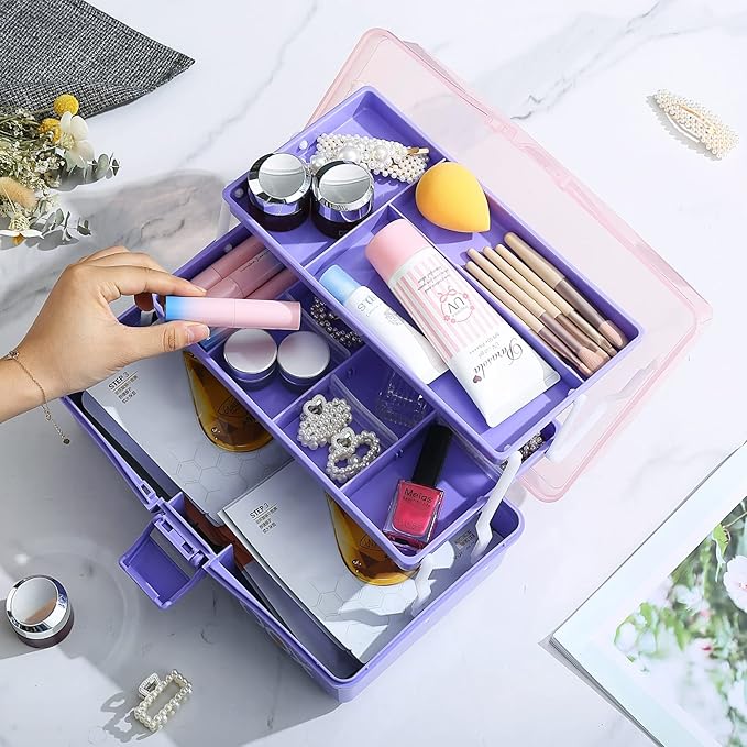 Kinsorcai 2PCS 12'' Three-Layer Clear Plastic Storage Box/Tool Box, Multipurpose Organizer and Portable Handled Storage Case for Art Craft and Cosmetic (Purple)