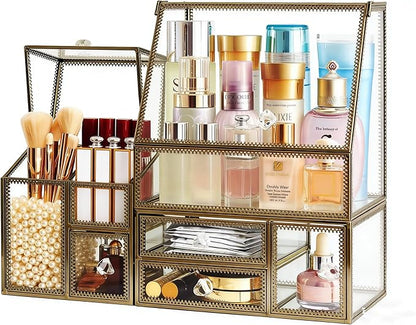 Hersoo Glass Antique Brass Stackable Drawer Set Makeup Organizer for Vanity Antique Countertop Vanity Cosmetic Storage Box Mirror Glass Beauty Display