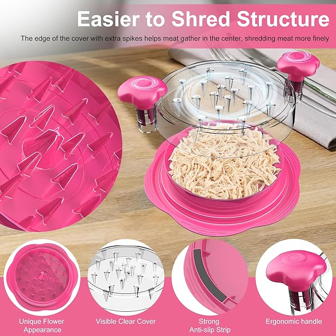 SURETIVIAN Chicken Shredder Tool Twist Large Chicken Breast Shredder with Brush&Fork, Visible Meat Shredder Machine, Anti-Slip Strip, Ergonomic Handle, BPA Free, Pork Beef Chicken(Hot Pink)