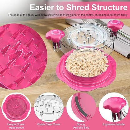 SURETIVIAN Chicken Shredder Tool Twist Large Chicken Breast Shredder with Brush&Fork, Visible Meat Shredder Machine, Anti-Slip Strip, Ergonomic Handle, BPA Free, Pork Beef Chicken(Hot Pink)