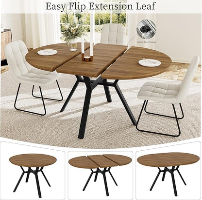 Extendable Round Dining Table Set for 4 People, 43.3"-59.1" Extendable Kitchen Table with 4 Upholstered Chairs, Space Saving for Kitchen Dining Room (Walnut Table+4 U-Shaped White Chairs)