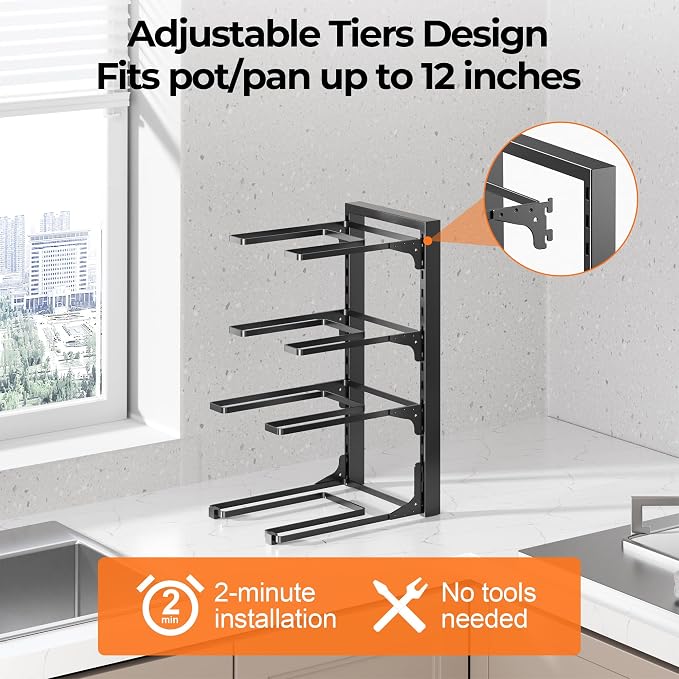 MUDEELA Pots and Pans Organizer under Cabinet 15.75" Tall, 4-Tier Heavy Duty Pan Organizers inside Cabinet Kitchen Storage, Adjustable Pot Rack Holds up to 44 LB Cast Iron Skillets Shallow Cookware