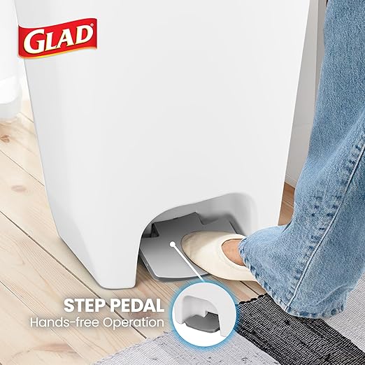 Glad 13 Gallon Trash Can with Clorox Odor Protection | Plastic Kitchen Waste Bin | Hands Free with Step On Foot Pedal and Garbage Bag Rings, White
