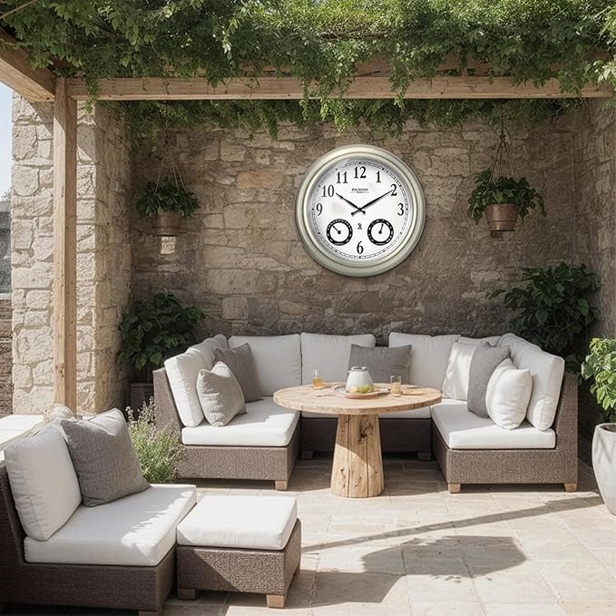 20" Evander Outdoor Atomic Clock with Thermometer & Hygrometer, 3 in 1 Weather Stations, Large Wall Clocks for Living Room Decor,Modern Farmhouse Home Decor (Morning Silver)