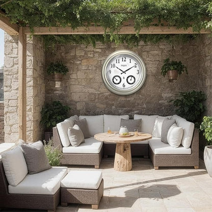 20" Evander Outdoor Atomic Clock with Thermometer & Hygrometer, 3 in 1 Weather Stations, Large Wall Clocks for Living Room Decor,Modern Farmhouse Home Decor (Morning Silver)