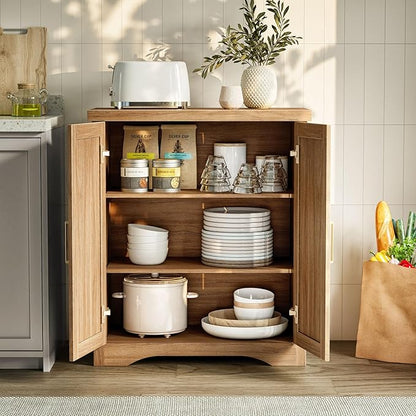Fluted Buffet Cabinet with Storage Accent Sideboard,Modern Credenza with 2 Doors & Adjustable Shelves,Wood Coffee Bar Table Console for Dining Room Kitchen Living Room Entryway,Natural Oak