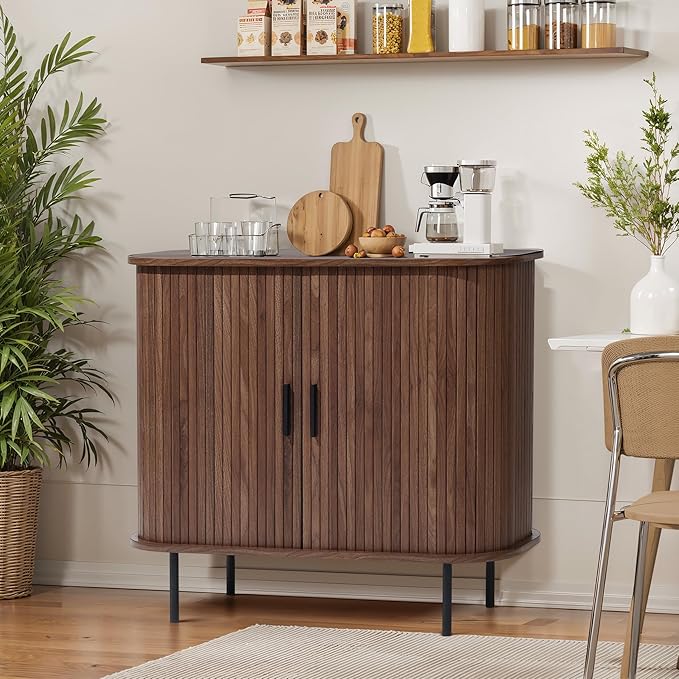 LuxenHome Sideboard Buffet Cabinet with Storage, 35" Walnut Mid Century Modern Accent Cabinet, Sliding Door Entryway Small Storage Cabinets for Kitchen, Living Room, Entryway