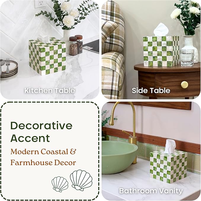 CHI AN HOME 5.5" Square Tissue Box Cover, Handmade Checkered Cube Tissue Box Cover with Capiz Shells, Decorative Tissue Holder for Living Room, Bathroom, Bedroom or Office (Pistachio Green)