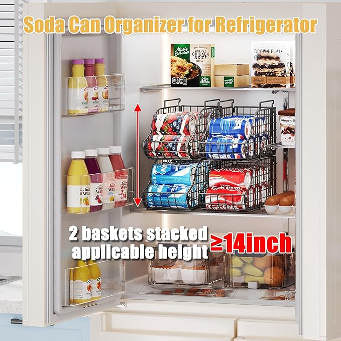 Sonyabecca 4-Pack Stackable Canned Food Organizer with Handles, Soda Can Organizer for Kitchen Pantry Shelves, Foldable Wire Cabinet Shelf for Can Storage, Patent Pending, Black