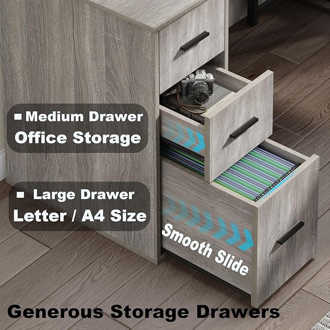 LVB Reversible Gray L Shaped Corner Desk, Farmhouse Wood Computer Desk with File Drawers Cabinets, Large Work Study Executive Home Office Desk with Storage Shelves for Bedroom, Light Grey Oak, 59 Inch