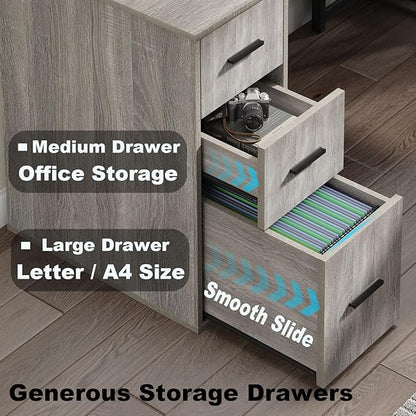 LVB Reversible Gray L Shaped Corner Desk, Farmhouse Wood Computer Desk with File Drawers Cabinets, Large Work Study Executive Home Office Desk with Storage Shelves for Bedroom, Light Grey Oak, 59 Inch