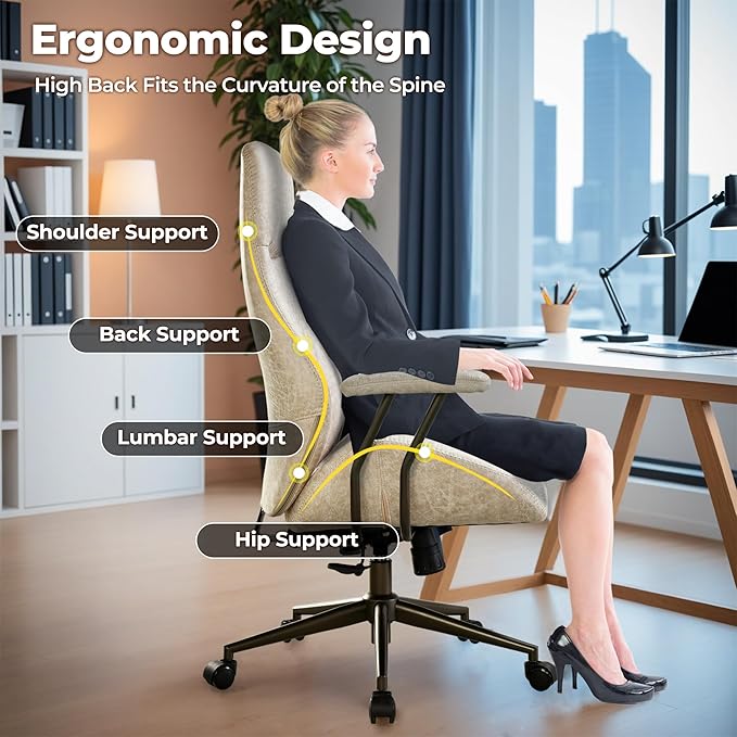 ovios Home Office Chair, Mid-Century Modern Faux Suede Leather Ergonomic Chairs, High Back Comfy Computer Swivel Rolling Task Executive Armchair, Beige