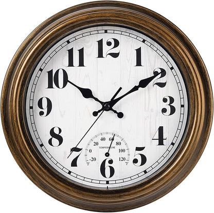45MinST 12 Inch Indoor/Outdoor Retro Round Waterproof Wall Clock with Thermometer, Silent Non-Ticking Battery Operated Quality Quartz Wall Clock Home/Patio Decor(Bronze)