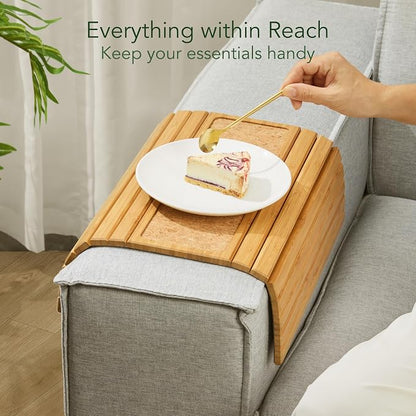 DETOR Sofa Arm Tray with Grained Cork Pad, Natural Bamboo Finish, Enhanced Non-Slip Bottom, Sturdy Bamboo Slats, Fits Armrests 4.6" and Wider