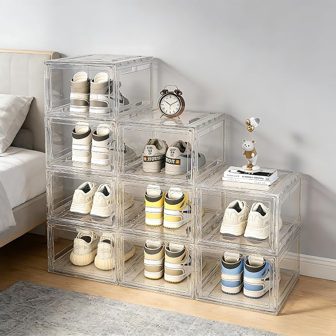 BVBOX 12 Pack Acrylic Shoe Storage Boxes with Magnetic Door - 360° Clear Stackable Shoe Display Box Set, Plastic Shoe Cabinet Rack Box for Sneakers Heels Shoes (12, Clear, L - Front Open)