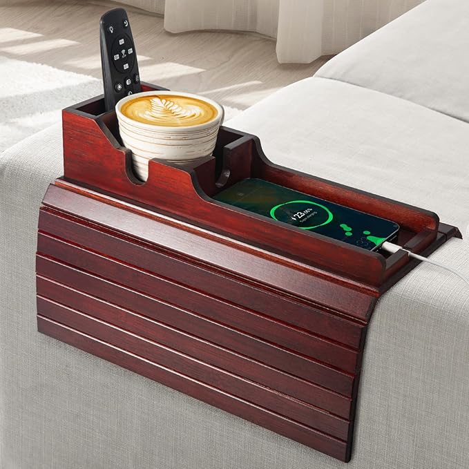 Yoshiky Bamboo Couch Armrest Table, Couch Arm Tray with Removable Couch Cup Holder, 2 in 1 Design Foldable Anti-Slip Bamboo Couch Tray and Sofa Cup Holder for Drink