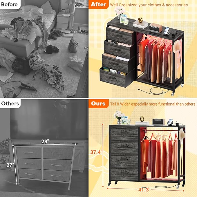 Cyclysio Dresser with Hanging Rack, 4 Fabric Drawers Dresser with Clothes Rack, Wooden Top Storage Chest of Drawers with Charging Station & LED Lights, Lockable Wheels, Closet
