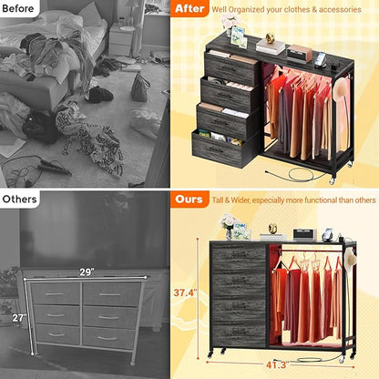 Cyclysio Dresser with Hanging Rack, 4 Fabric Drawers Dresser with Clothes Rack, Wooden Top Storage Chest of Drawers with Charging Station & LED Lights, Lockable Wheels, Closet