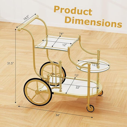 Tangkula Bar Cart, 3-Tier Rolling Home Bar Serving Cart with Mirrored Shelves & 4 Wheels, Mobile Beverage & Wine Cart for Kitchen, Dining Room, Living Room (Gold)