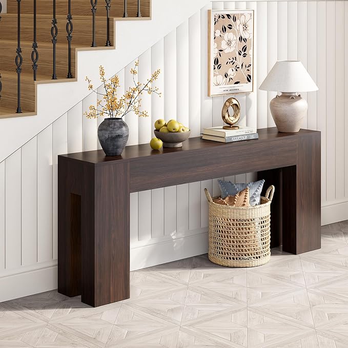 Extra Long Sofa Console Table for Entryway Living Room, 79-Inch Farmhouse Wood Behind Couch Table, Rectangular Accent Console with Wooden Double Base for Hallway Foyer Entrance, Walnut Brown