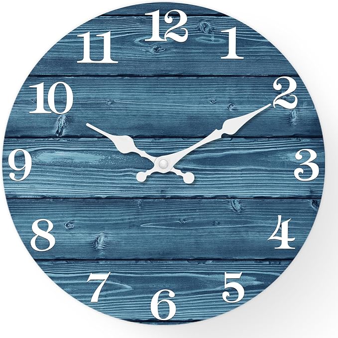 XFM 12 Inch Blue Wall Clocks for Kitchen Living Room Decor Silent Wooden Wall Clock Battery Operated Decorative Farmhouse Clock