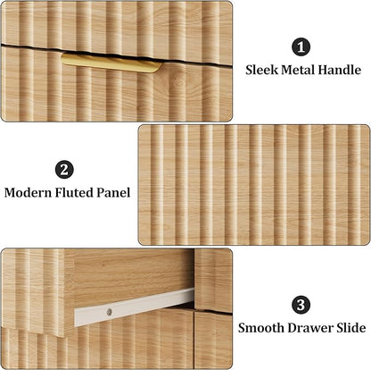 Fluted 3 Drawer Dresser for Bedroom, 30" Tall Modern Wood Dressers Chest of Drawers with Metal Handle, Large Nightstand End Table for Living Room, Closet, Entryway, Natural Oak