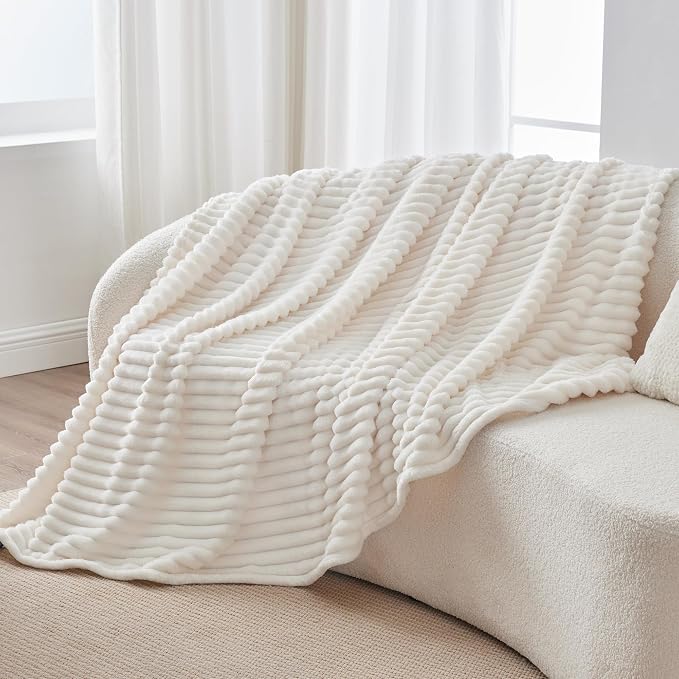 BEDELITE Fleece Throw Blanket for Couch - 300GSM Soft & Warm Fluffy Cream White Blanket, Decorative and Giftable Striped Blankets for Women, Men, 50"x60" (Pack of 2)