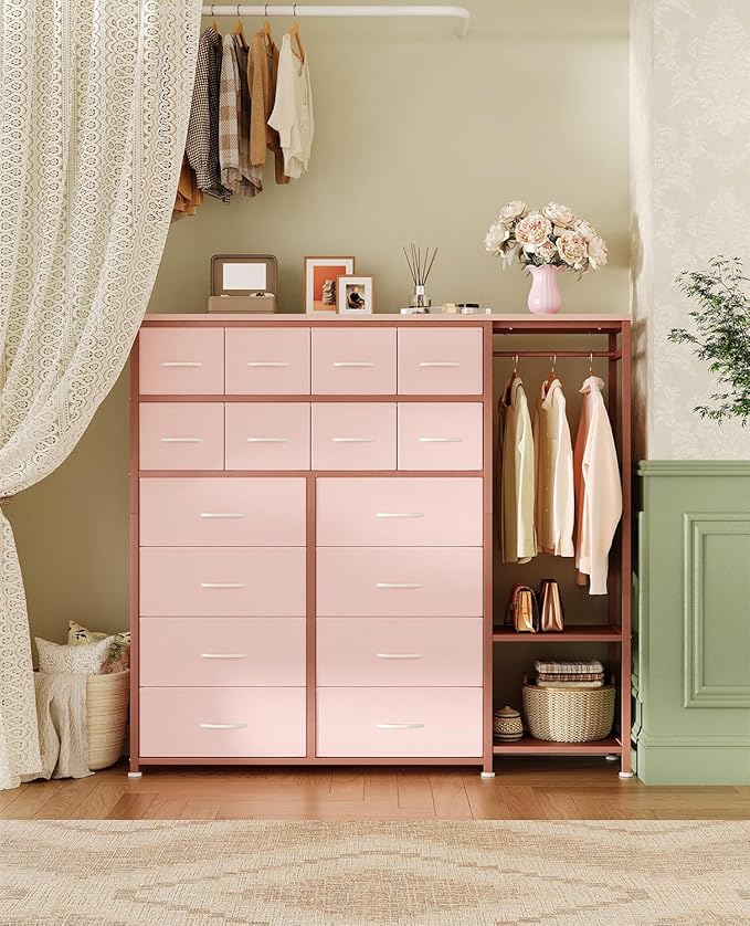 GarveeHome Dresser with 16 Drawers & Hanging Rod & Shelves, Fabric Storage Organizer for Bedroom, Closet, or Entryway