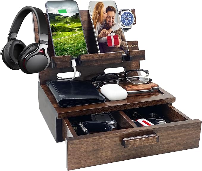 VEIYAILU Gifts for Men Women Husband Son Boyfriend Him Nightstand Organizer Wood Phone Docking Station Birthday Gifts (Walnut)
