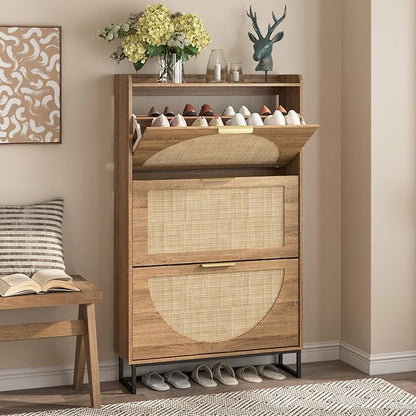 Maupvit Rattan Shoe Storage Cabinet with 3 Flip Drawers, Freestanding Shoe Organizer with Metal Legs for Entryway, Hidden Golden Handles, Narrow Shoe Rack Cabinet, Rustic Oak Rattan