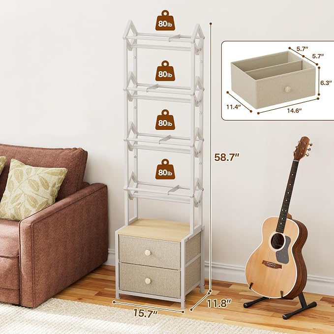 CD Storage Rack with Drawers, 5-Tier Media Organizer DVD Storage Shelf, Large Capacity for CD/DVD, Books & Games, Ideal for Living Room & Home Office, 15.7×11.8×58.7Inches