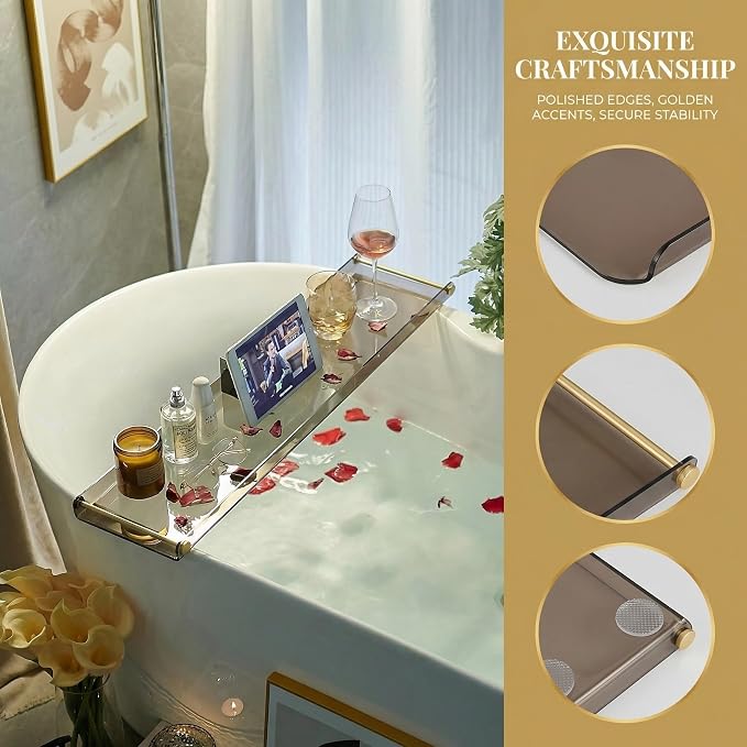 Bathtub Caddy Tray for Luxury Bathroom Bath tub Table Caddy Tray Shelf for Shower with Gold Handles fits All bathtubs