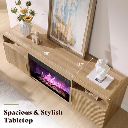 AMERLIFE 70" Fluted Fireplace TV Stand for TVs Up to 80", Modern TV Console with 30" Electric Fireplace & Storage Cabinets, Media Entertainment Center for Living Room, Natural Oak