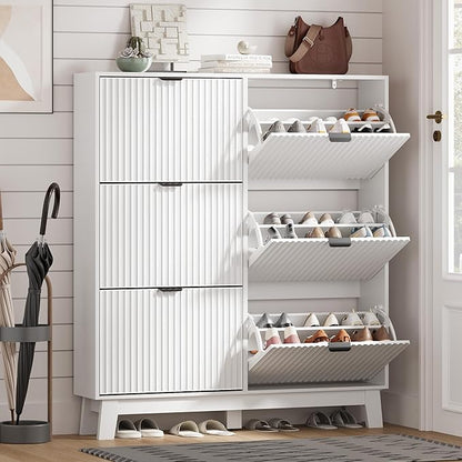 Shoe Cabinet Storage for Entryway with 6 Flip Drawers, Fluted Narrow Shoe Organizer with Wooden Legs, Freestanding Slim Shoe Storage Hidden Shoe Rack Organizer for Front Door Entrance, White