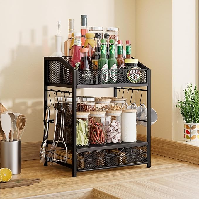 Homsorout Coffee Bar Organizer - Countertop Coffee Station, 42 K Cup holder Storage Basket with Drawer and Hooks for Syrup, Cups, Stirrer, Condiment, Tea Organizer, Black