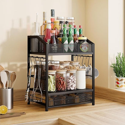 Homsorout Coffee Bar Organizer - Countertop Coffee Station, 42 K Cup holder Storage Basket with Drawer and Hooks for Syrup, Cups, Stirrer, Condiment, Tea Organizer, Black