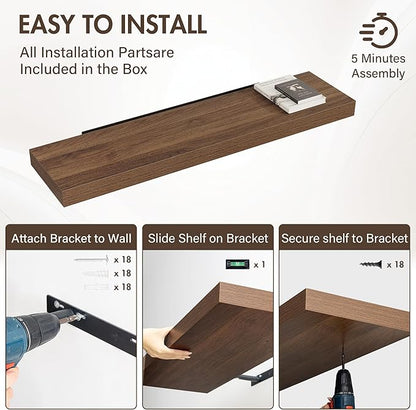Acovy 48 Inch Floating Shelves, 12" Deep Floating Shelf Wall Mounted, 48" Wall Shelves, Rustic Deep Bookshelf, Extra Deeper & Thicker Display Shelves for Bedroom, Living Room, Walnut, Set of 2