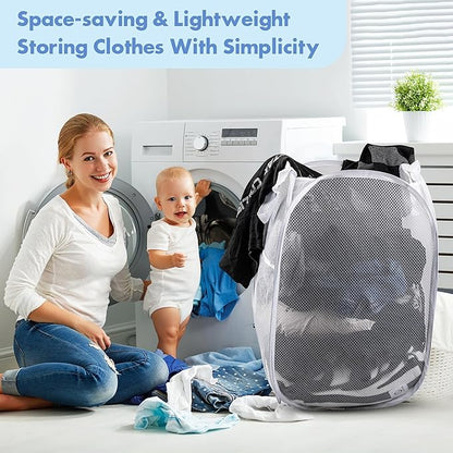 DUCOO Pop Up Laundry Hamper, 70L Collapsible Mesh Laundry Basket with Side Pocket, Foldable Dirty Clothes Hamper with Sturdy Reinforced Handles for Home Dorm Bedroom Travel Storage, White, 2Pack