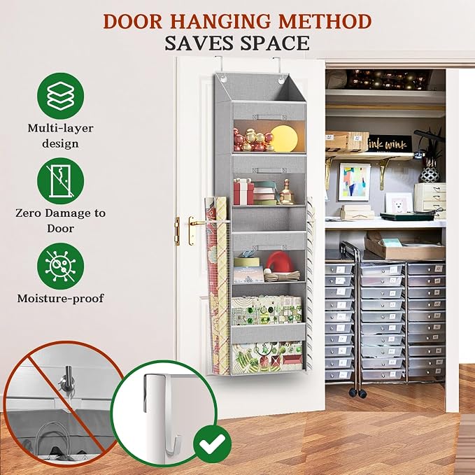 Light Grey Over Door Wrapping Paper Organizer Storage with 3 Removable Drawers & Side Pockets –Dual Use Design with Elastic Straps Wrap Storage for Ribbons,Bows,Ornament and Other Tools