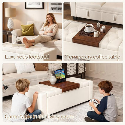 Storage Ottoman Bench with Tray,47" Ottoman with Storage for Living Room, Rectangular Bench with Cushion and Safety Hinge for Bedroom,Holds up to 400 lb,Beige