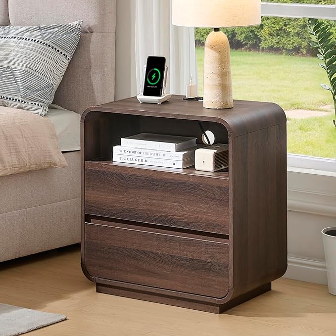 Walnut Curved Nightstand Set of 2 with Charging Station, 23.2" Wide Wood Bedside Table 2 Storage Drawers, Modern Side Table Handleless, Large End Table Night Stand for Bedroom