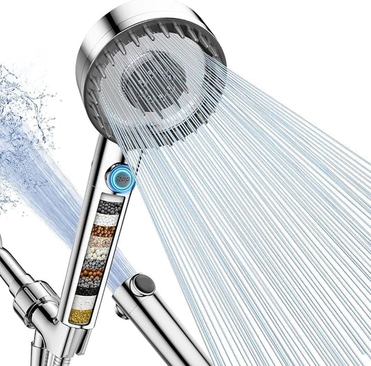 PWERAN Filtered Shower Head with Handheld, High Pressure 4 Spray Mode Showerhead with Filters, Water Softener Beads for Hard Water with ON/OFF Switch for Pets - Remove Chlorine (Chrome, 5 Inch Panel)