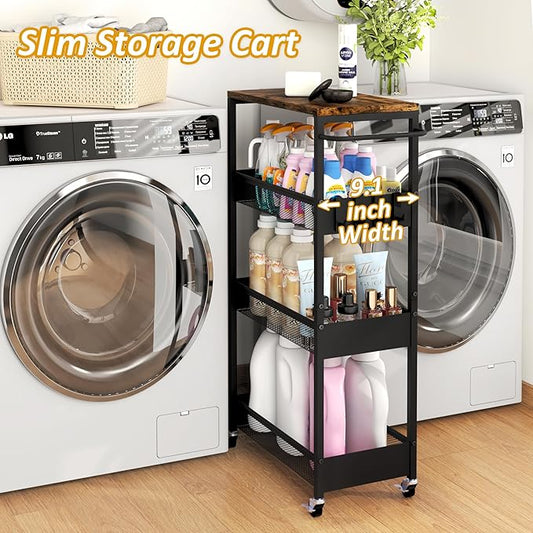 Vincona 9.1" Wide Slim Rolling Utility Cart, 4 Tier Metal Narrow Storage Cart with Handle and Wood Top, Multifunctional Small Mobile Shelf Unit Organizer Trolley for Laundry, Bathroom, Kitchen