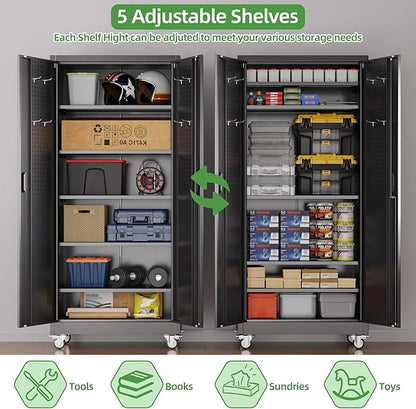 Garage Storage Cabinet with Wheels and Pegboard, 71" H x 32" W x 16" D Lockable Metal Storage Cabinet with 5 Adjustable Shelves and 2 Doors for Garage Home, Assembly Required, Black