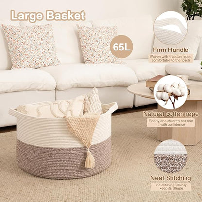OIAHOMY Large Blanket Basket for Living Room, 19.7" x 12.6" Woven Cotton Rope Laundry Basket for Organizing Pillows, Decorative Stuffed Animal Toy Storage for Nursery, White and Linen Brown