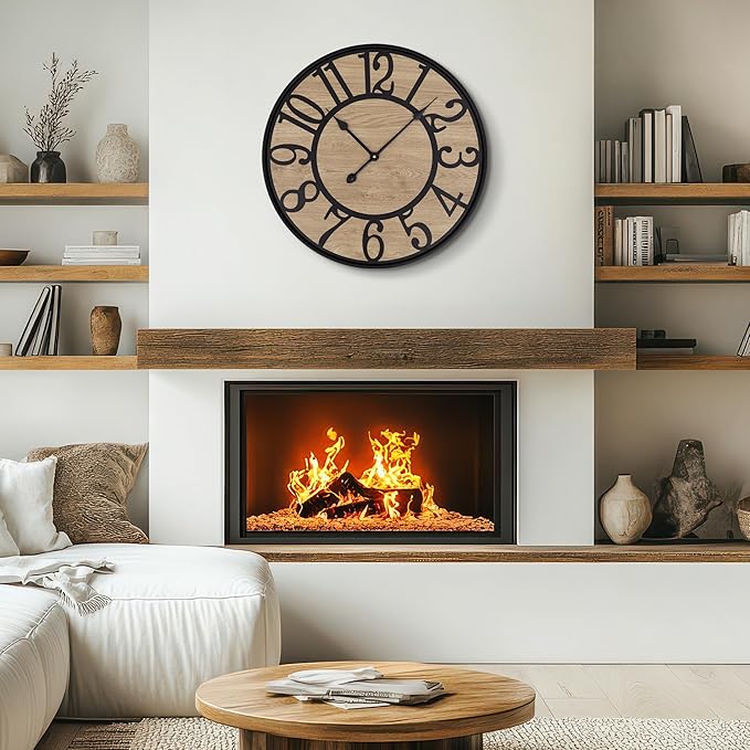 LEIKE Large Wall Clocks Living Room Decor,Non Ticking Silent,Battery Operated Small Round Modern Wood Wall Clock for Bedroom,Kitchen,Farmhouse,Office Vintage Home Decor-20 -Arabic Number