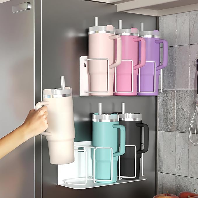 Sorbus Stanley Cup Organizer – 3-Cup Holder for Cabinet, Fridge, or Wall – Magnetic or Screw Mount – Stanley Storage Organizer for 20oz 30oz 40oz Cups, Tumblers, and Water Bottles (White 2-Pack)
